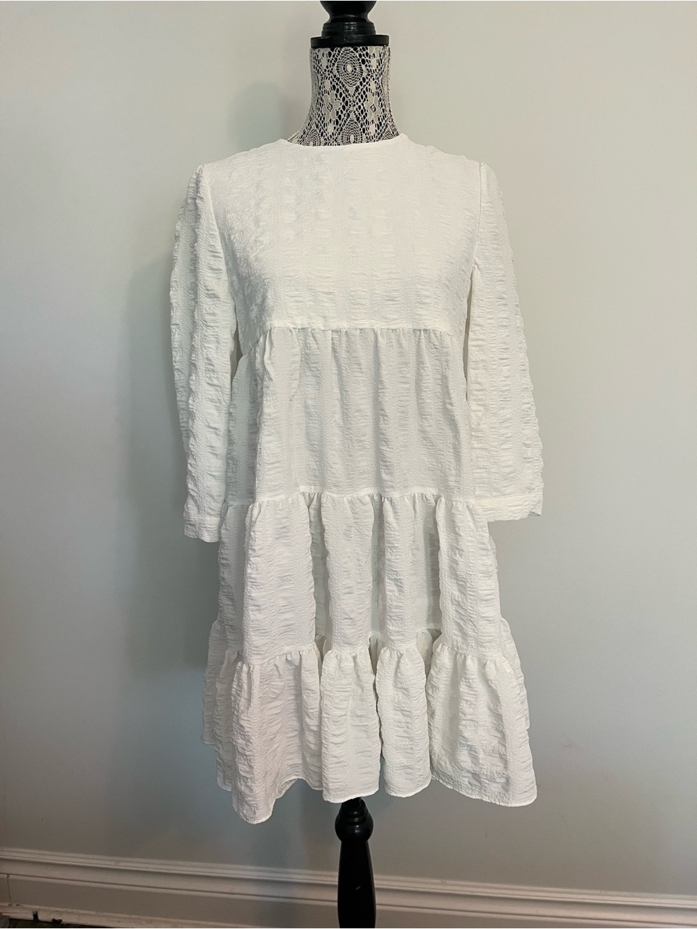 Zara White Textured Tiered Long Sleeve Dress